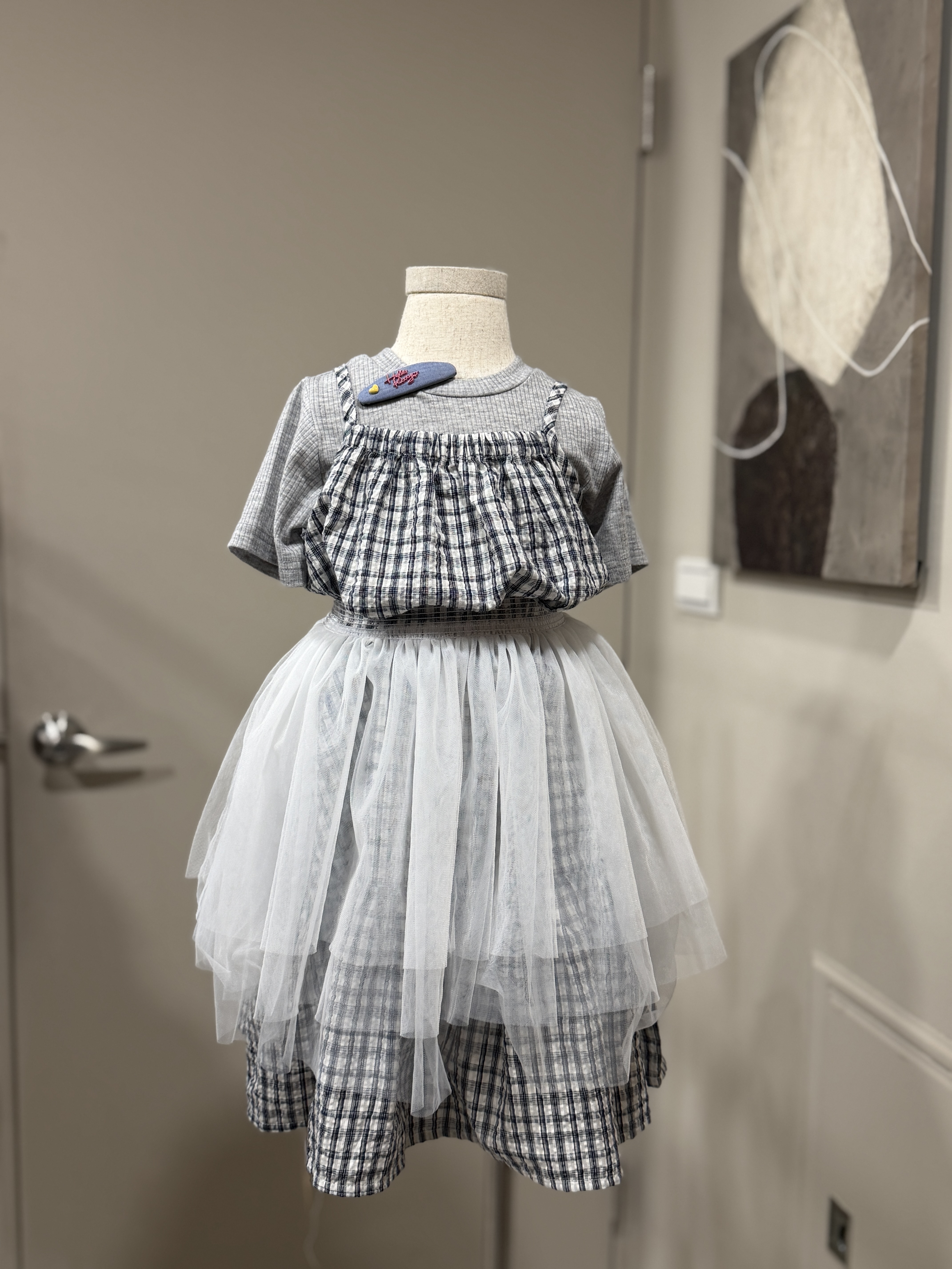 A04422紗裙兩件式格紋亞麻洋裝