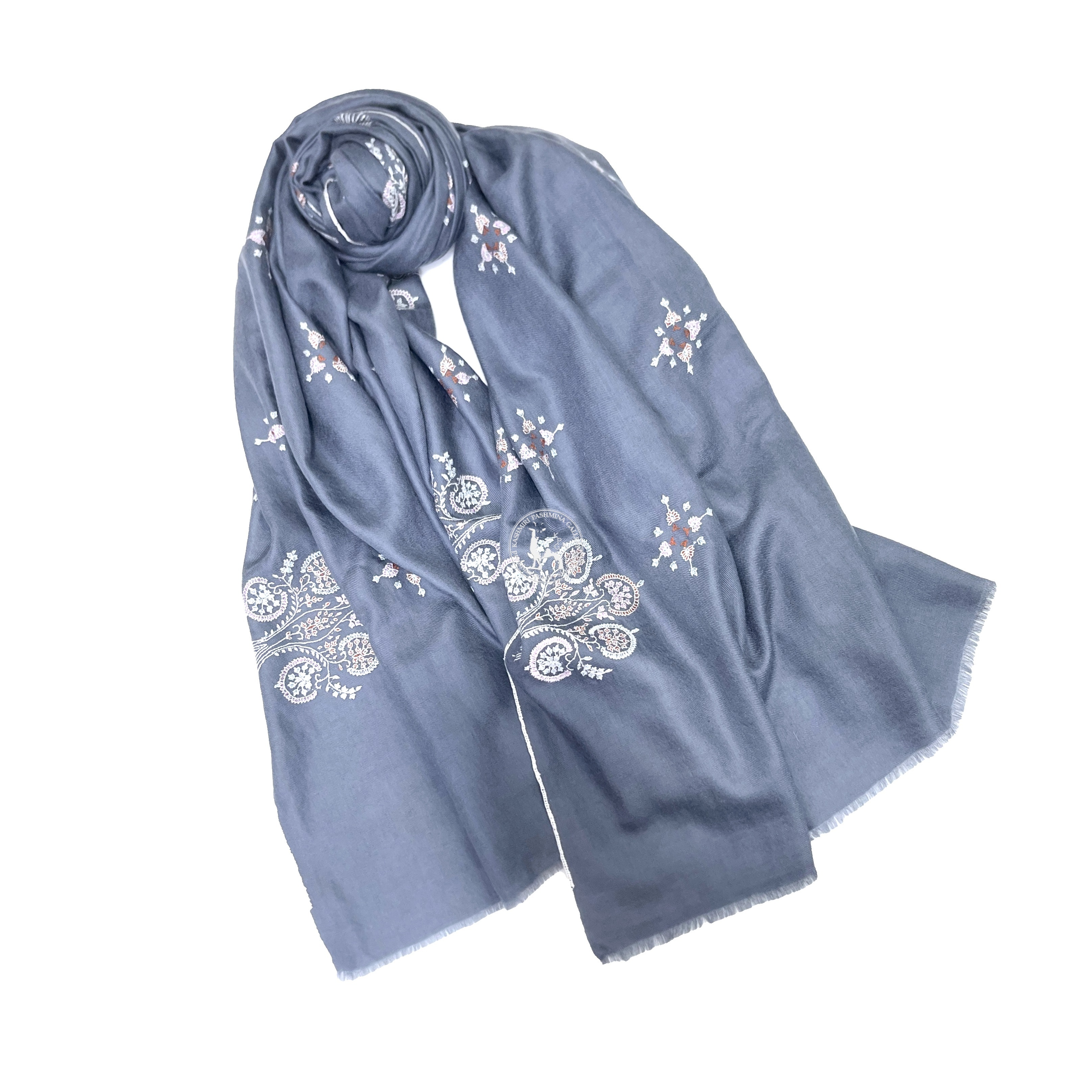 Grey Sozni Embroidered Pashmina Shawl
