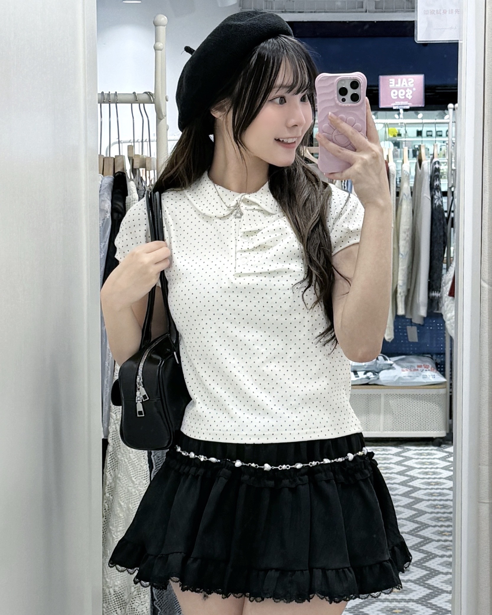 T1292｜韓系小眾感𖦹°‧娃娃領波點皺摺短袖上衣