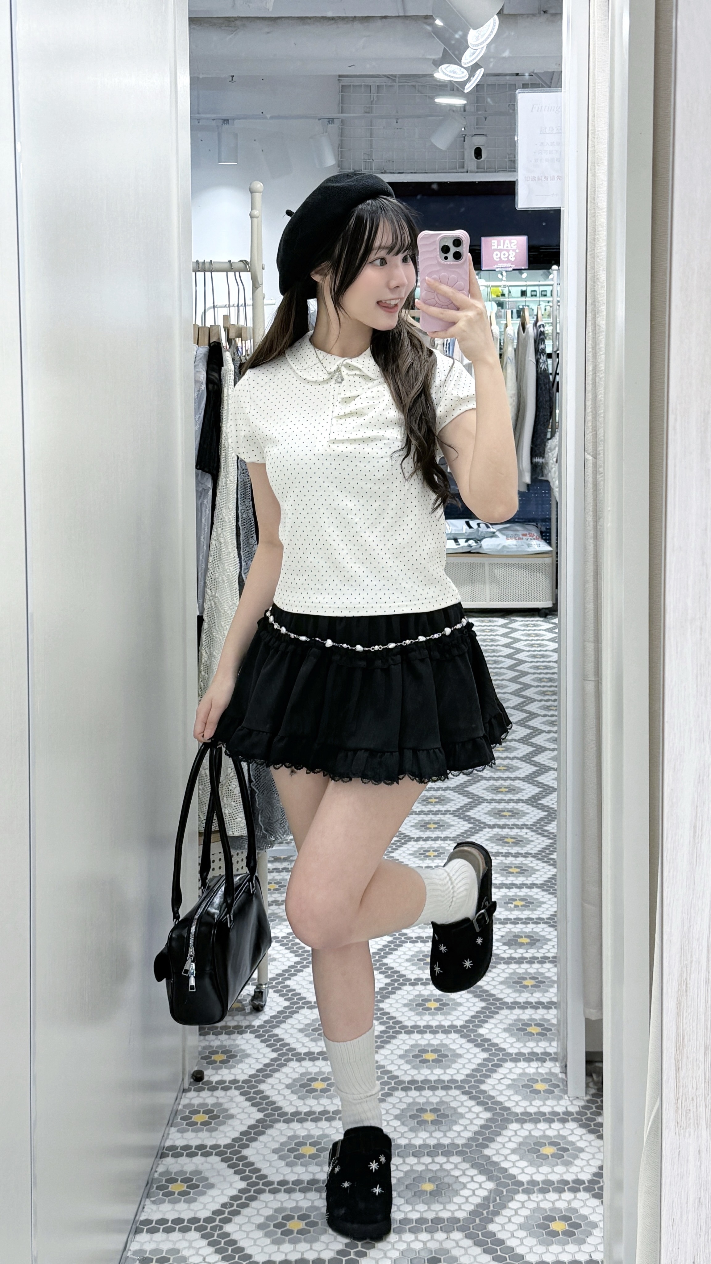 T1292｜韓系小眾感𖦹°‧娃娃領波點皺摺短袖上衣