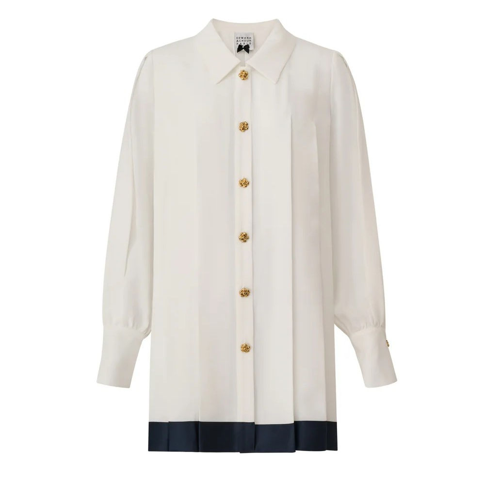 1EA0408-045 [EDWARD ACHOUR] Contrast Pleated Hem Blouse White/Navy #100623/1030 (EU)