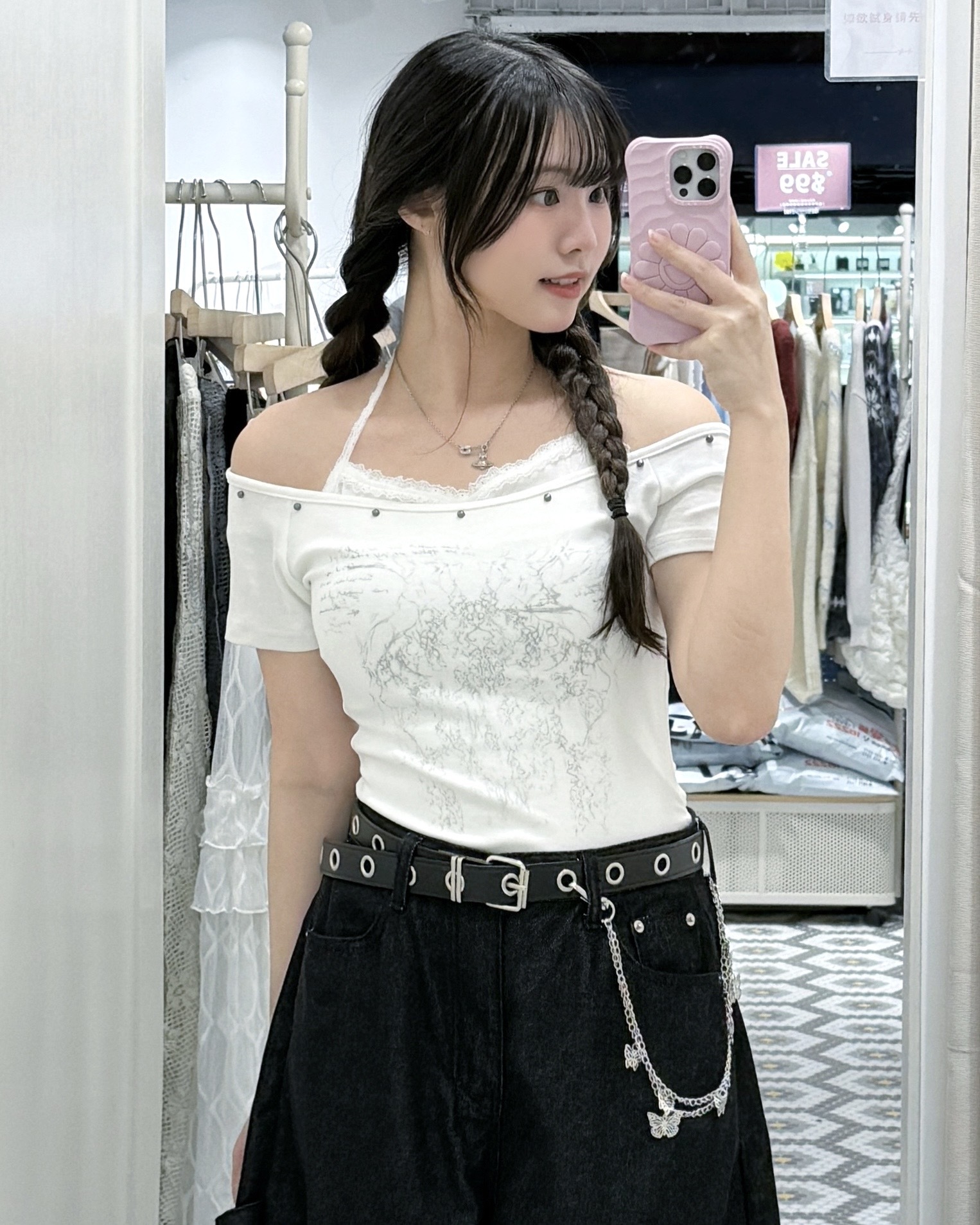 T1281｜型格系窩釘花紋蕾絲掛頸假兩件𝄞⨾💿✮˚.⋆