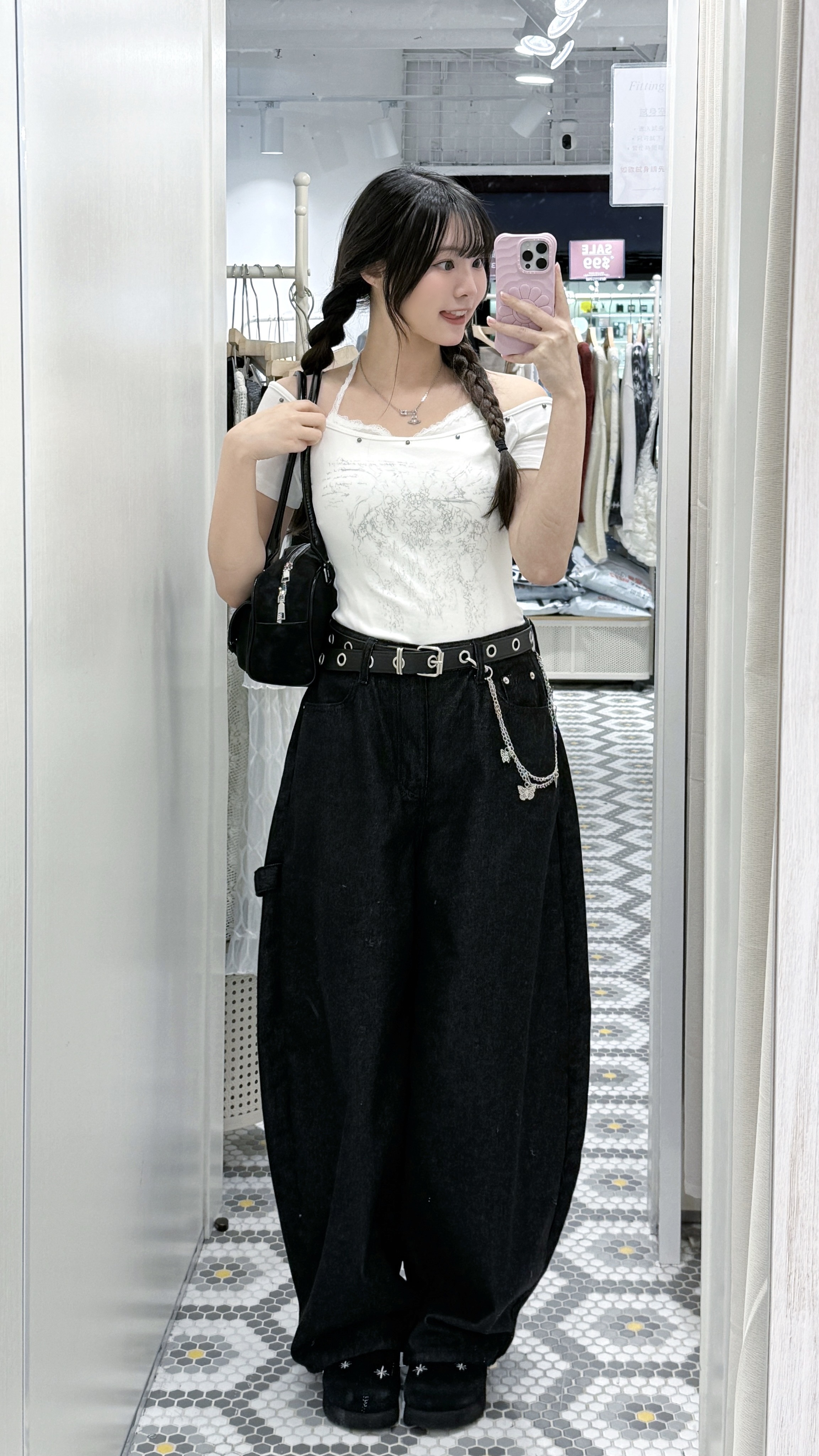 T1281｜型格系窩釘花紋蕾絲掛頸假兩件𝄞⨾💿✮˚.⋆