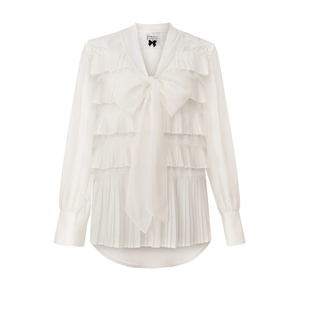 1EA0408-051 [EDWARD ACHOUR] Tiered Pleated Lace Blouse with Bow White #100614/1027 (EU)