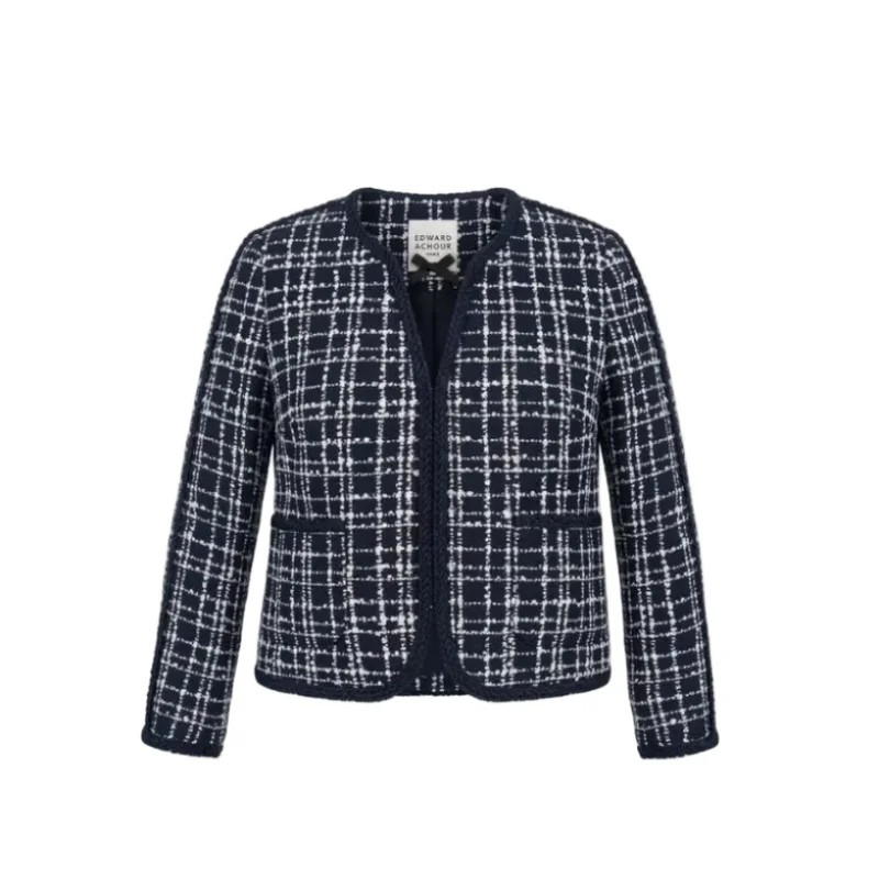 1EA0408-054 [EDWARD ACHOUR] Checked Collarless Jacket Navy/White #100139/1090 (EU)