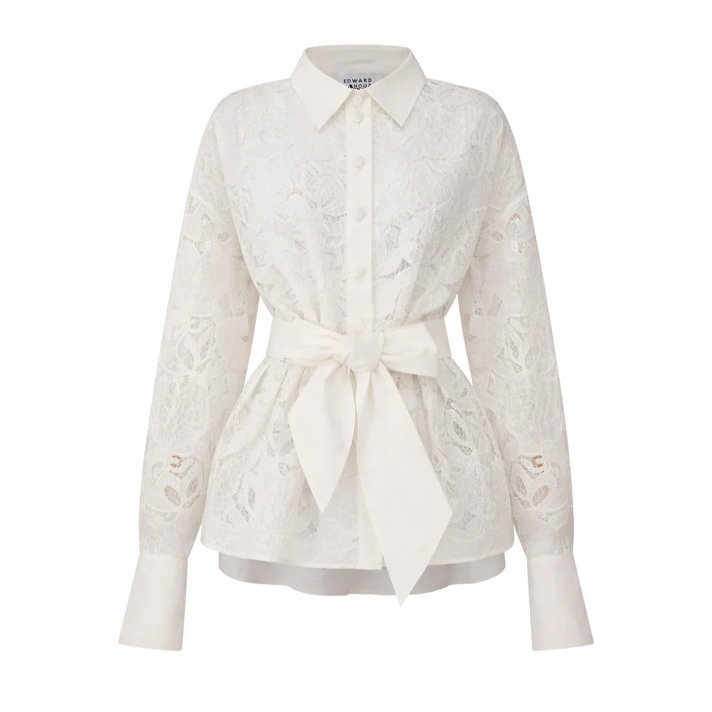1EA0408-064 [EDWARD ACHOUR] Belted Floral Lace Shirt White #100618/1018 (EU)