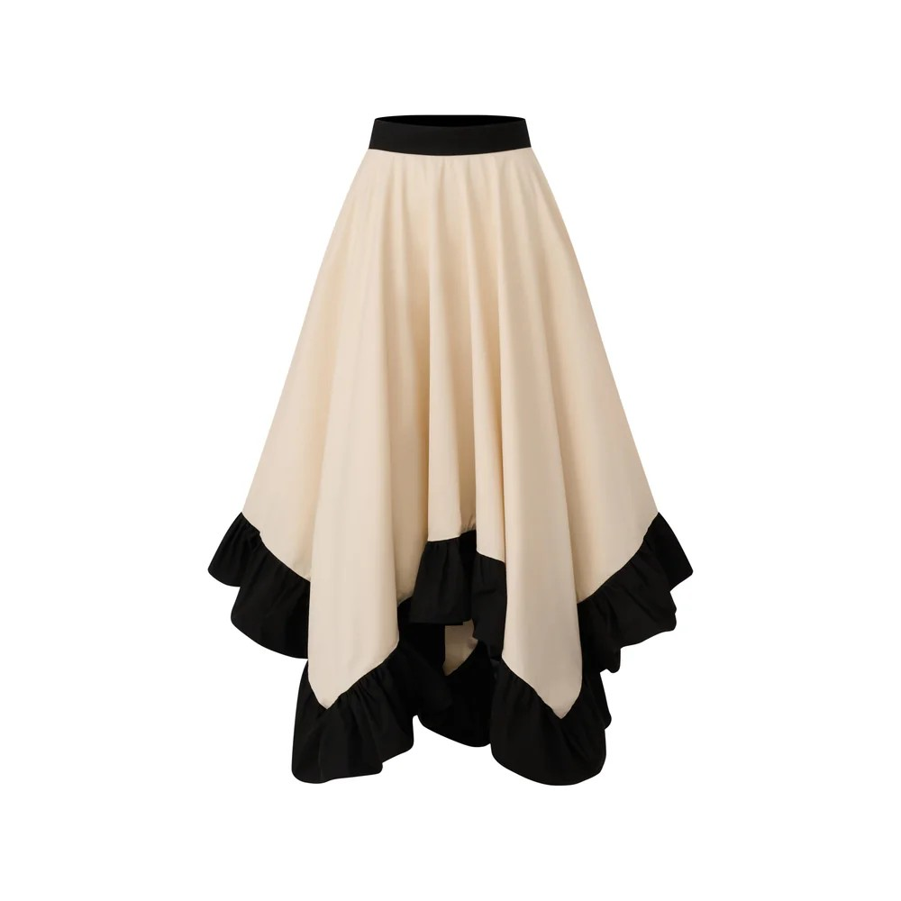 1EA0408-076 [EDWARD ACHOUR] Two-Tone Handkerchief Hem Ruffle Skirt Beige/Black #101105/1039 (EU)