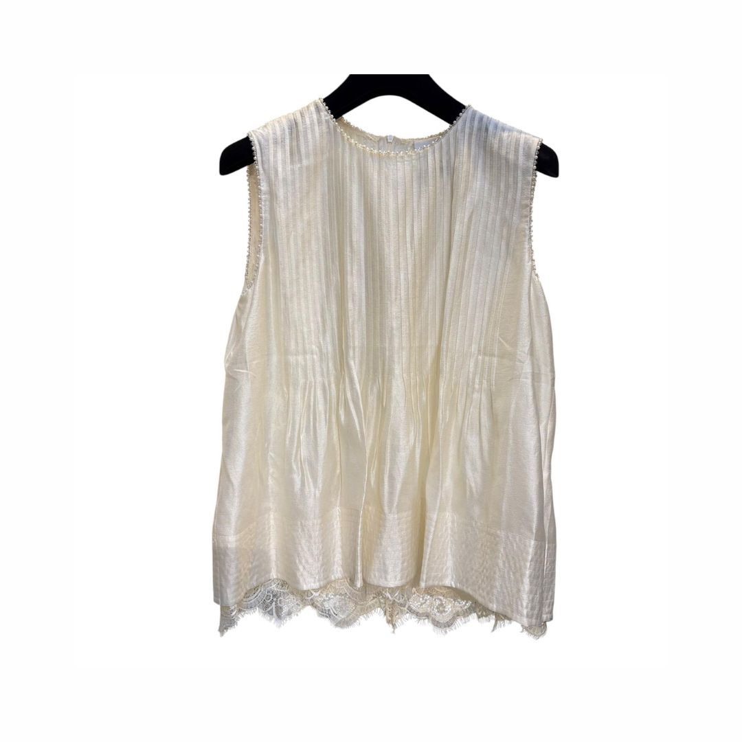 1EA0408-032 [EDWARD ACHOUR] Pleated Sleeveless Top with Lace Hem White #100706/1040 (EU)