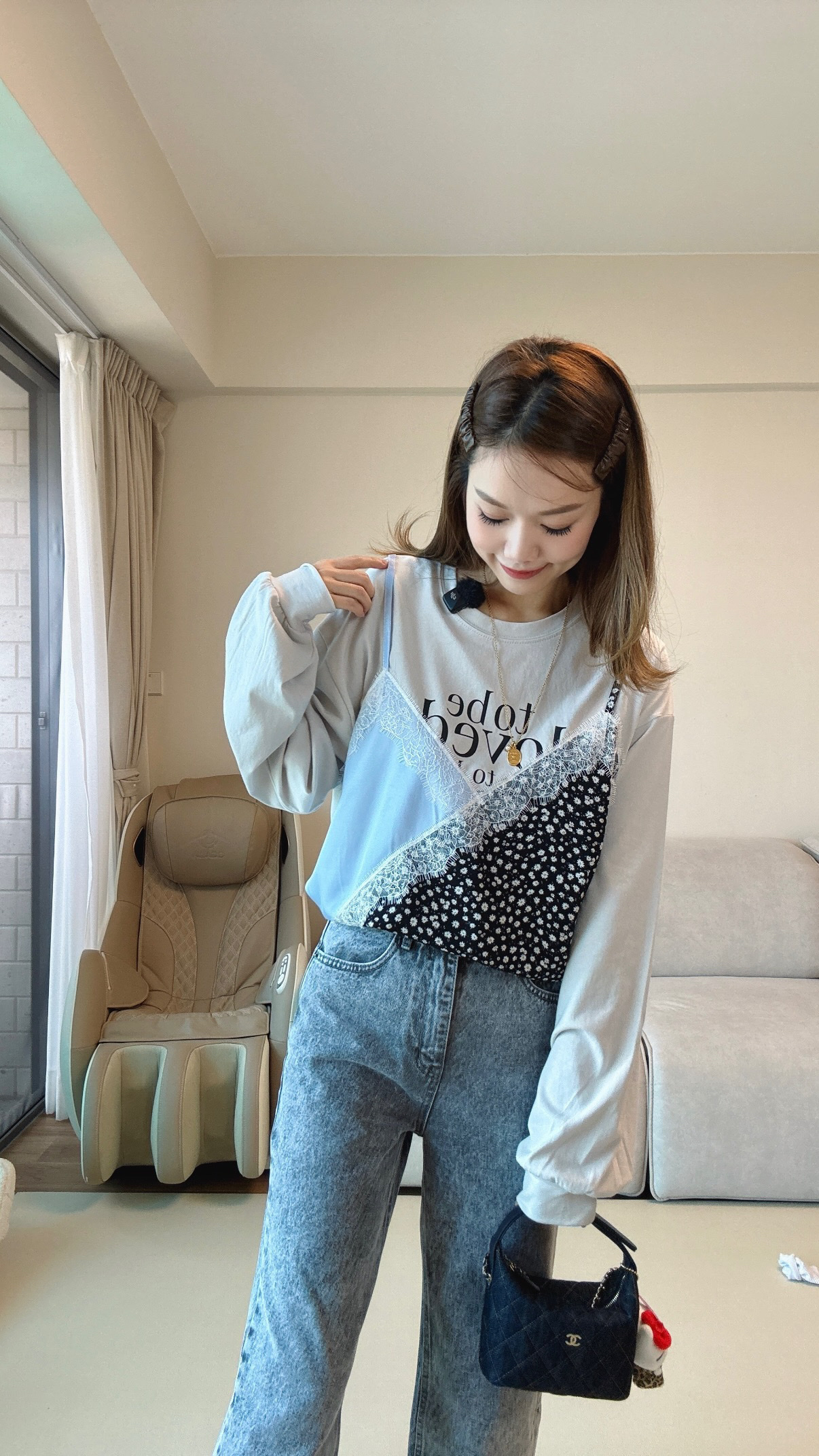 拼Lace絲cotton英文Tee