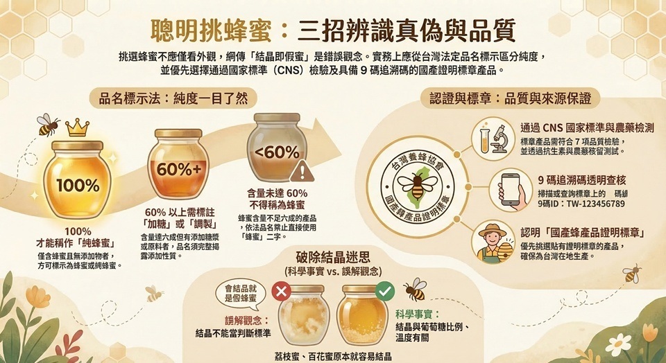 挑蜂蜜這件事，不能只看顏色漂亮不漂亮，也不要只靠網路流傳的方法，像「會結晶就是假蜜」這種說法就不準。