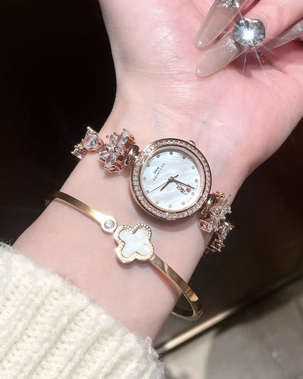 <正版授權>DISNEY 迪士尼 鑲鑽石英手錶 蝴蝶結 公主風 貝母錶盤 禮盒 共3款