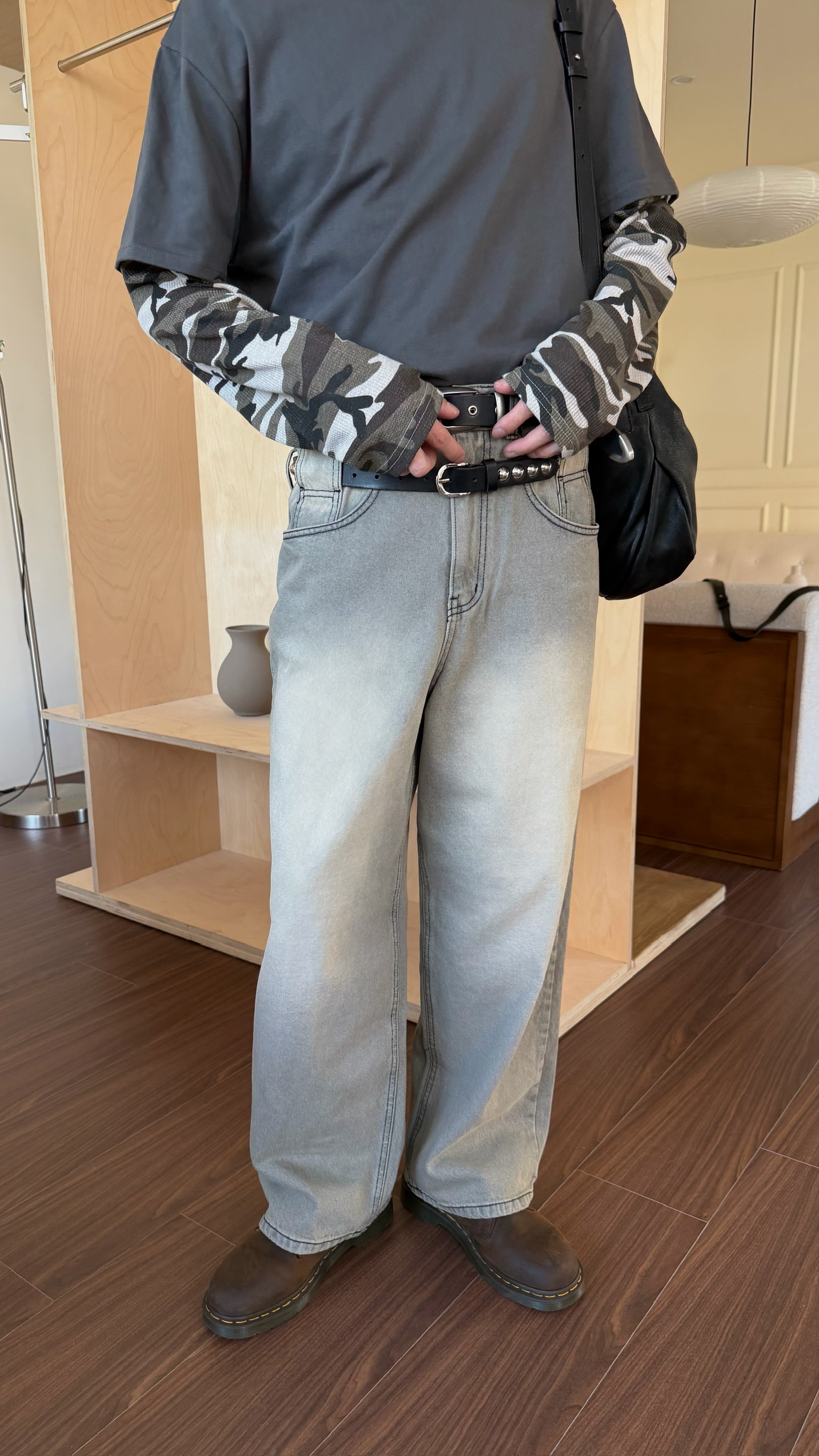 雙腰帶設計牛仔寬褲