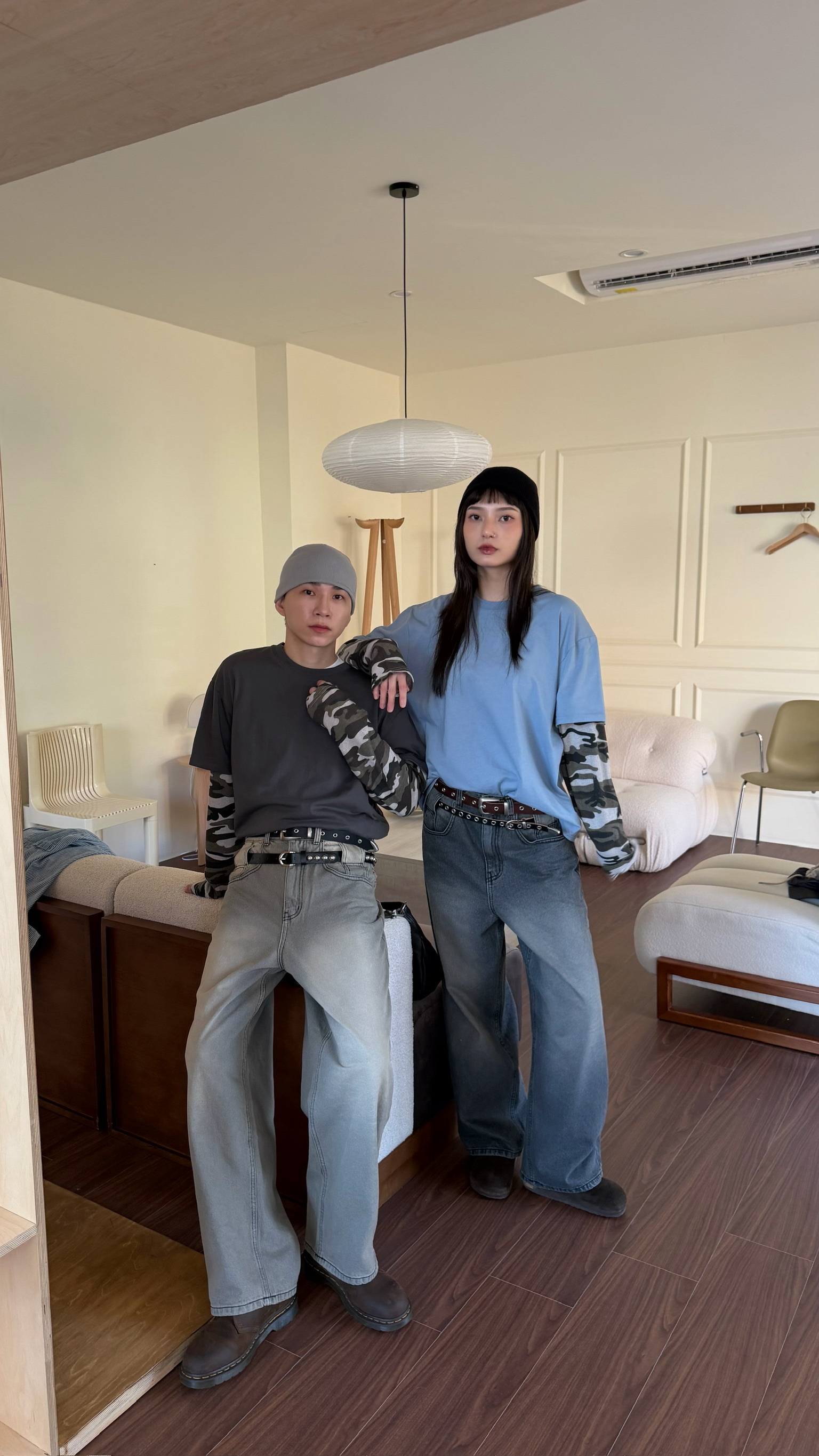 雙腰帶設計牛仔寬褲