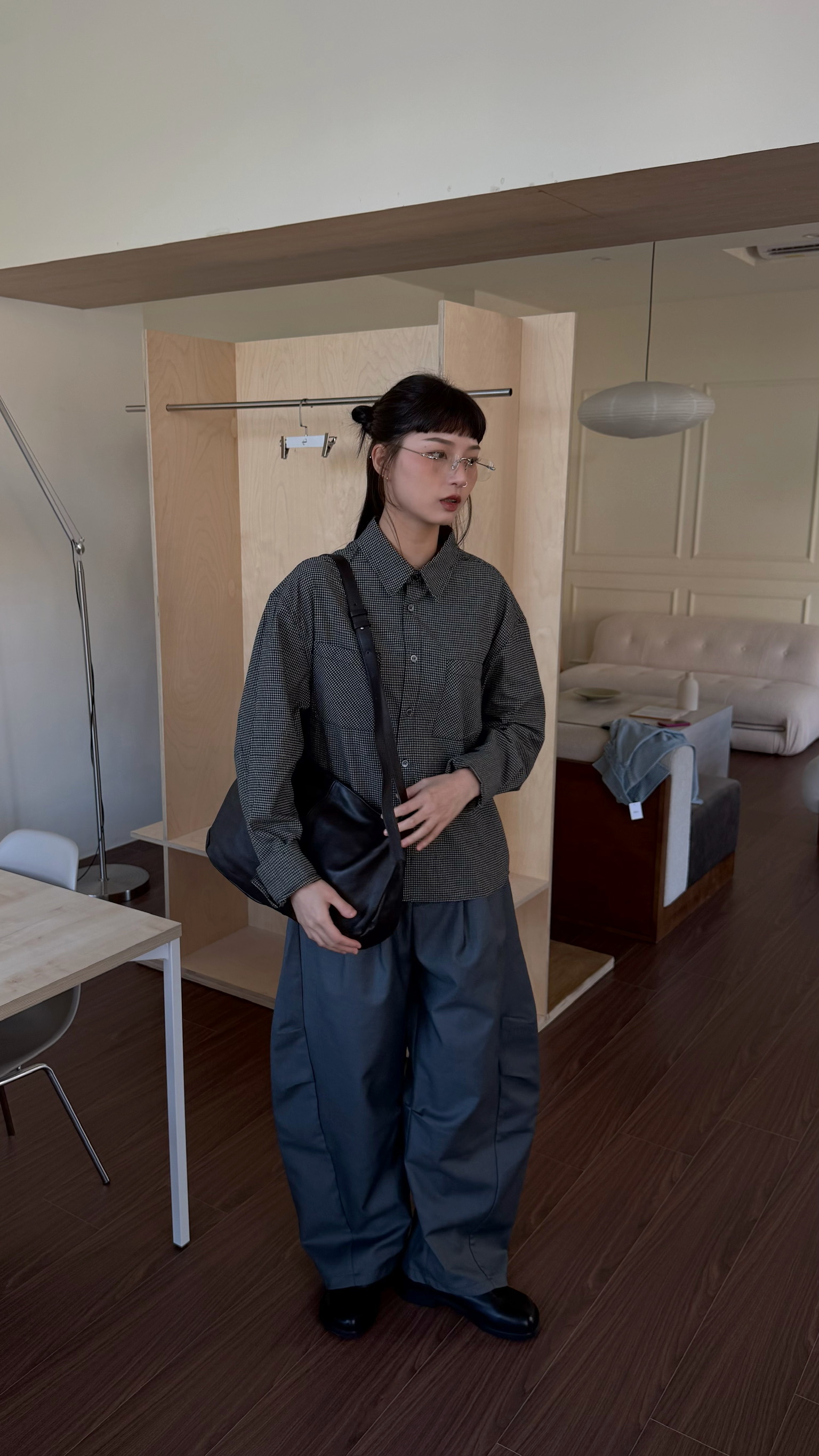 不對稱口袋格紋襯衫