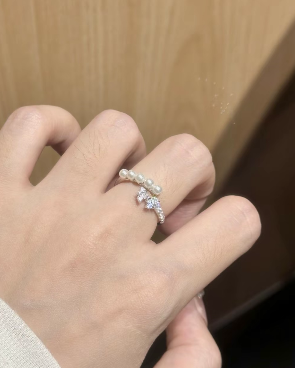 KADER 流光鑽 珍珠蝴蝶結 可調節 戒指