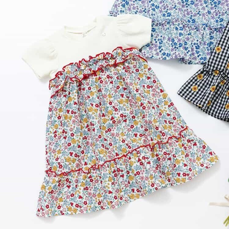 日本 90-140 花朵拼接荷葉洋裝 3色