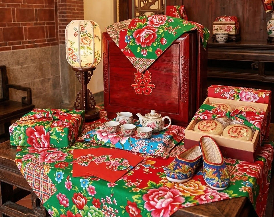 客家花布顏色鮮艷則是因為，大紅色在華人文化中象徵喜氣吉祥，放在婚嫁用品上再適合不過。