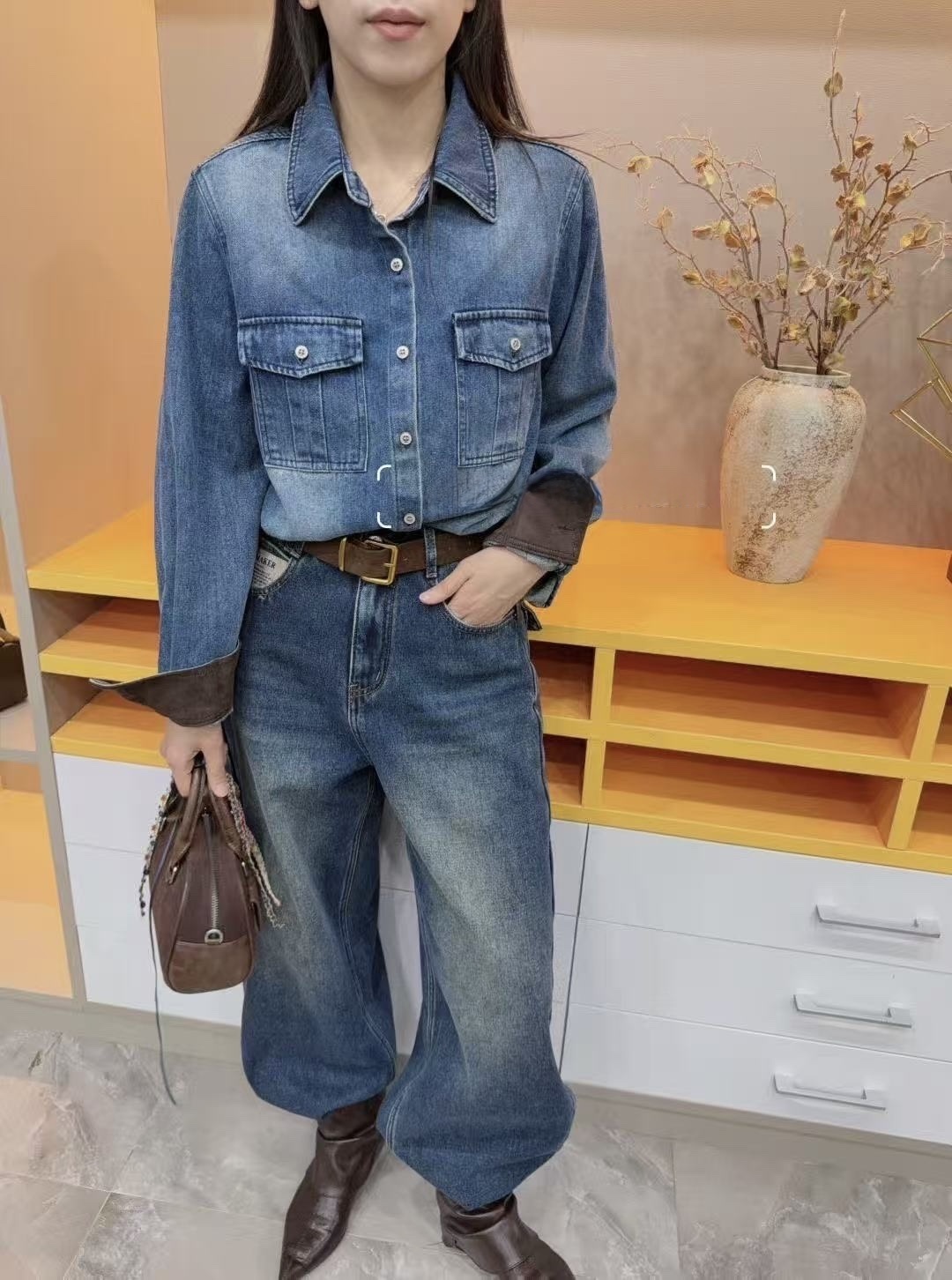 893 拼接鹿皮絨牛仔襯衫