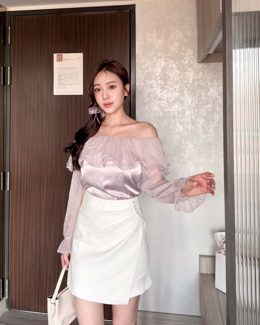 LINA LINA貴氣優雅珍珠滾邊打褶斜擺褲裙-象牙白S-XL