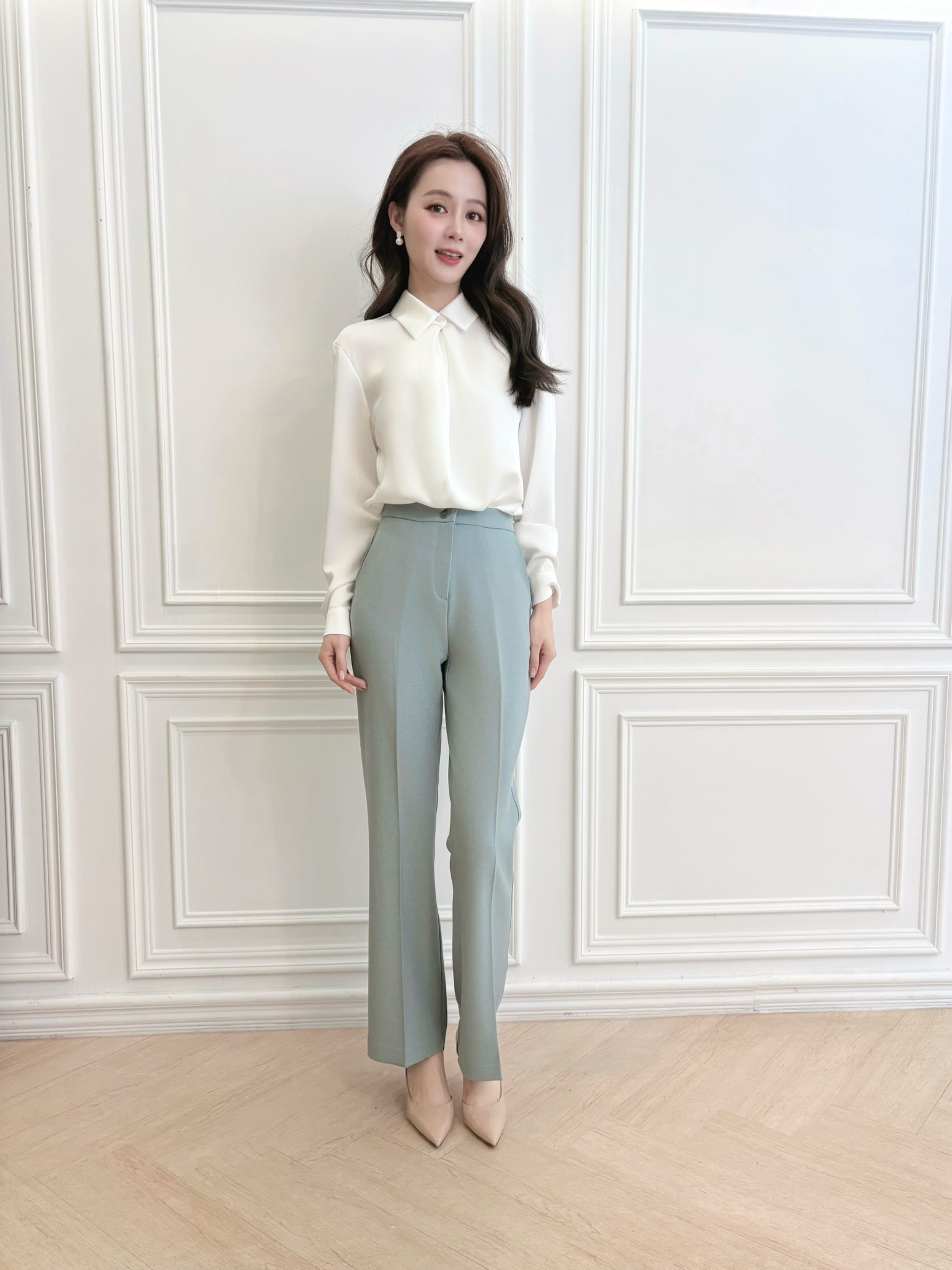 鬆緊腰圍織紋窄腳西褲-藍綠