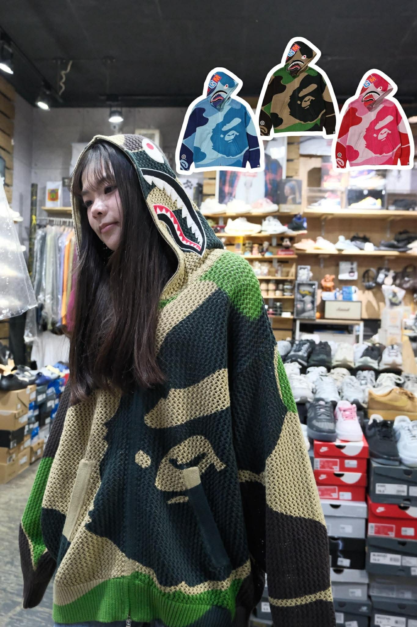 BAPE ABC CAMO CROCHET SHARK RELAXED FIT FULL ZIP HOODIE 迷彩 針織 鯊魚 外套 1M30115311