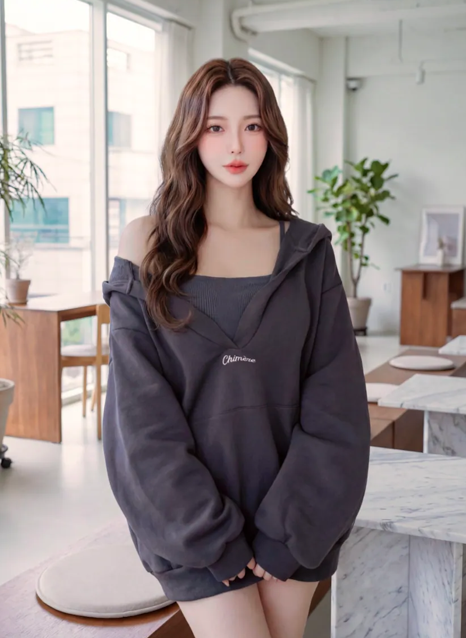 🤍寬鬆V領大帽踢+細肩帶背心兩件式（灰色均碼）