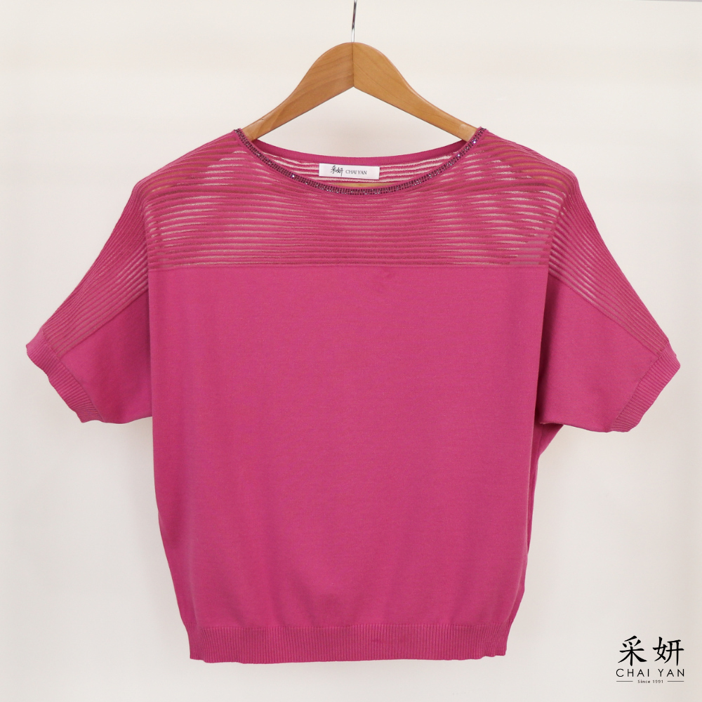 水鑽法式袖針織短袖上衣