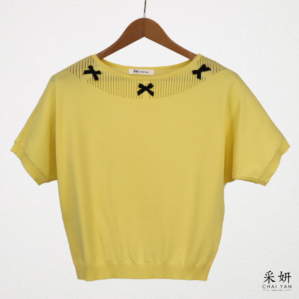 蝴蝶結法式袖針織短袖上衣