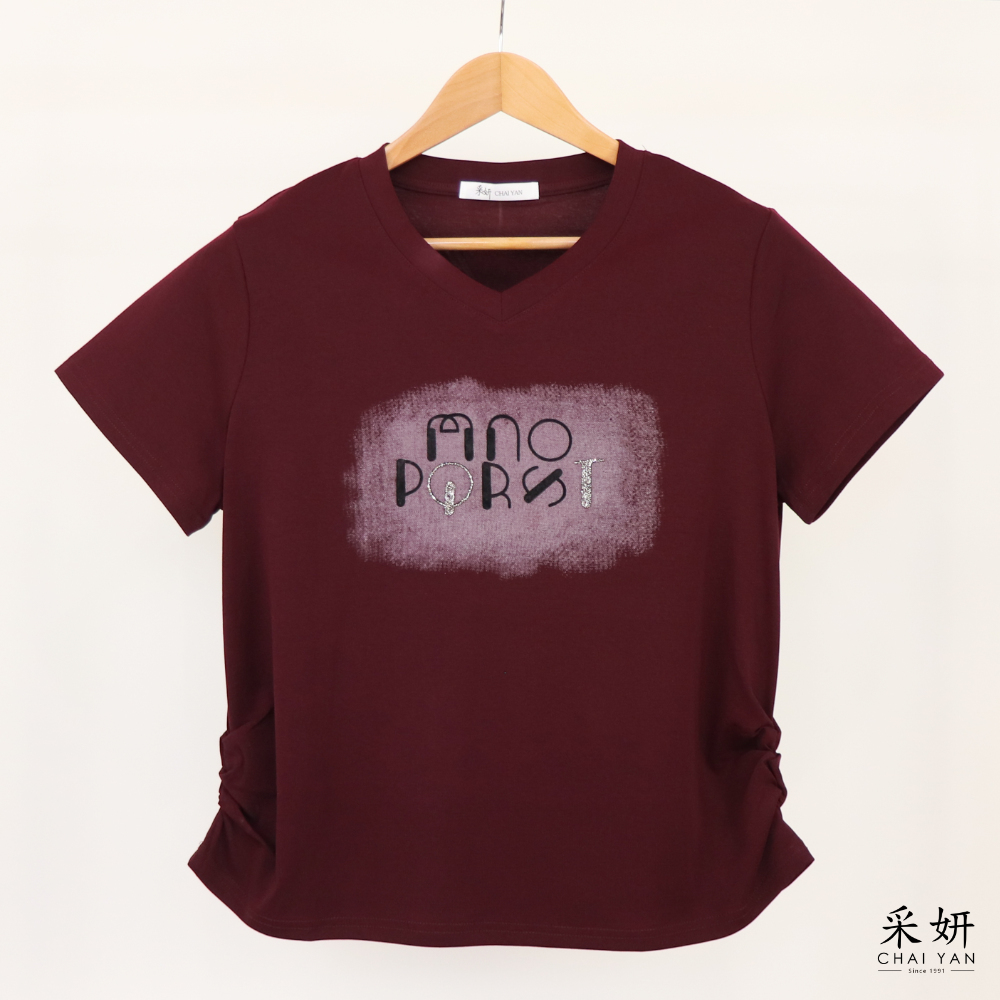 水鑽字母抓皺短袖上衣