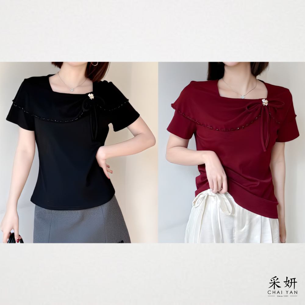 串珠荷葉領短袖上衣