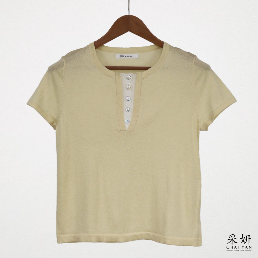 假兩件開襟細針織短袖上衣