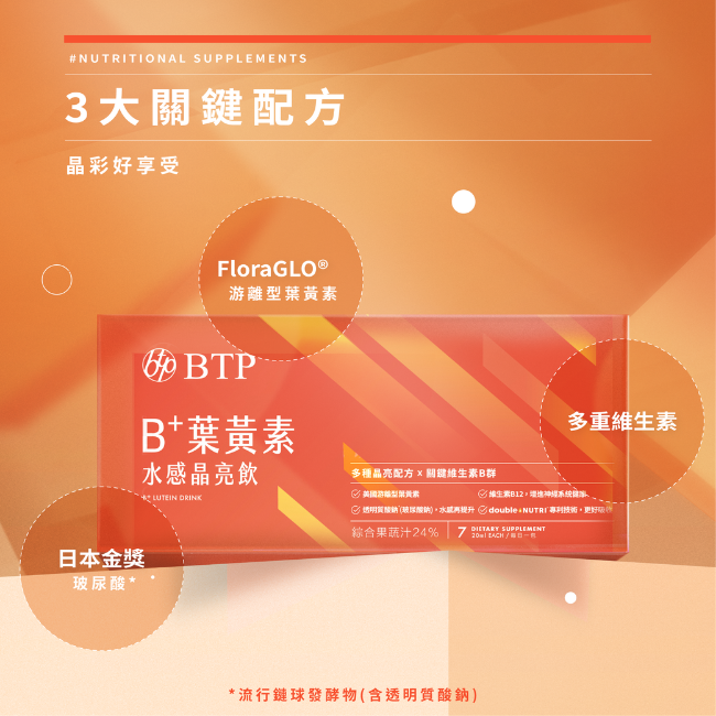 3大關鍵配方,BTP,FloraGLO®,游離型葉黃素,B+葉黄素水感晶亮飲,LUTEIN,DRINK,多重維生素,日本金獎,玻尿酸,維生素B群,流行鏈球發酵物,含透明質酸鈉,