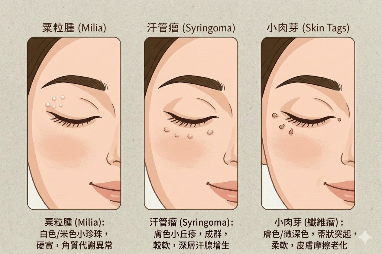 眼周顆粒種類分辨圖鑑：粟粒腫、肉芽還是汗管瘤？