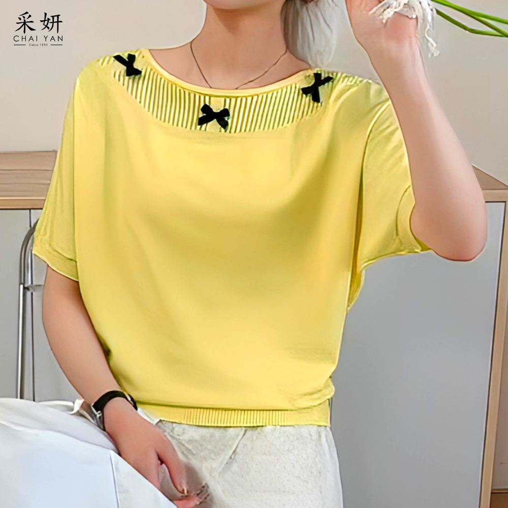 蝴蝶結法式袖針織短袖上衣