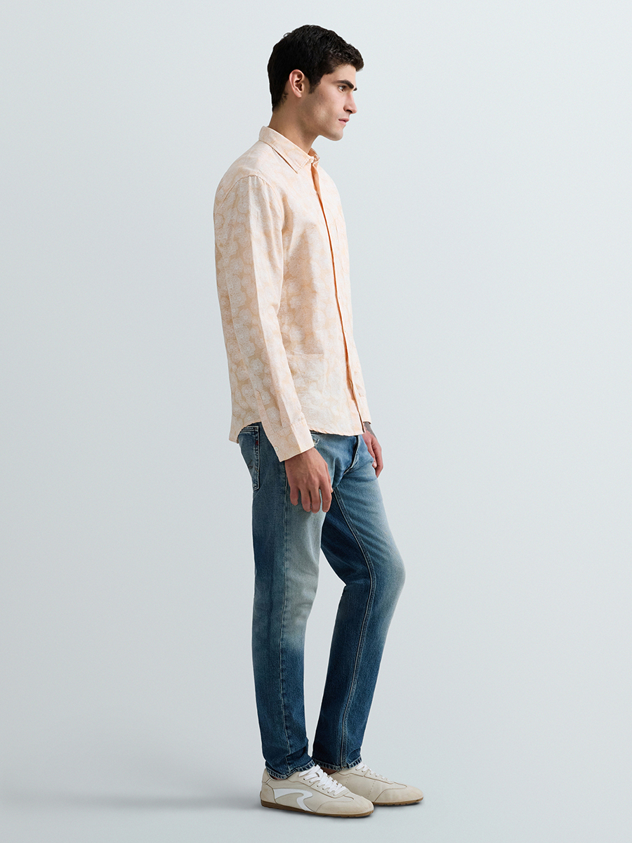 淺橘色亞麻棉混紡花卉印花襯衫