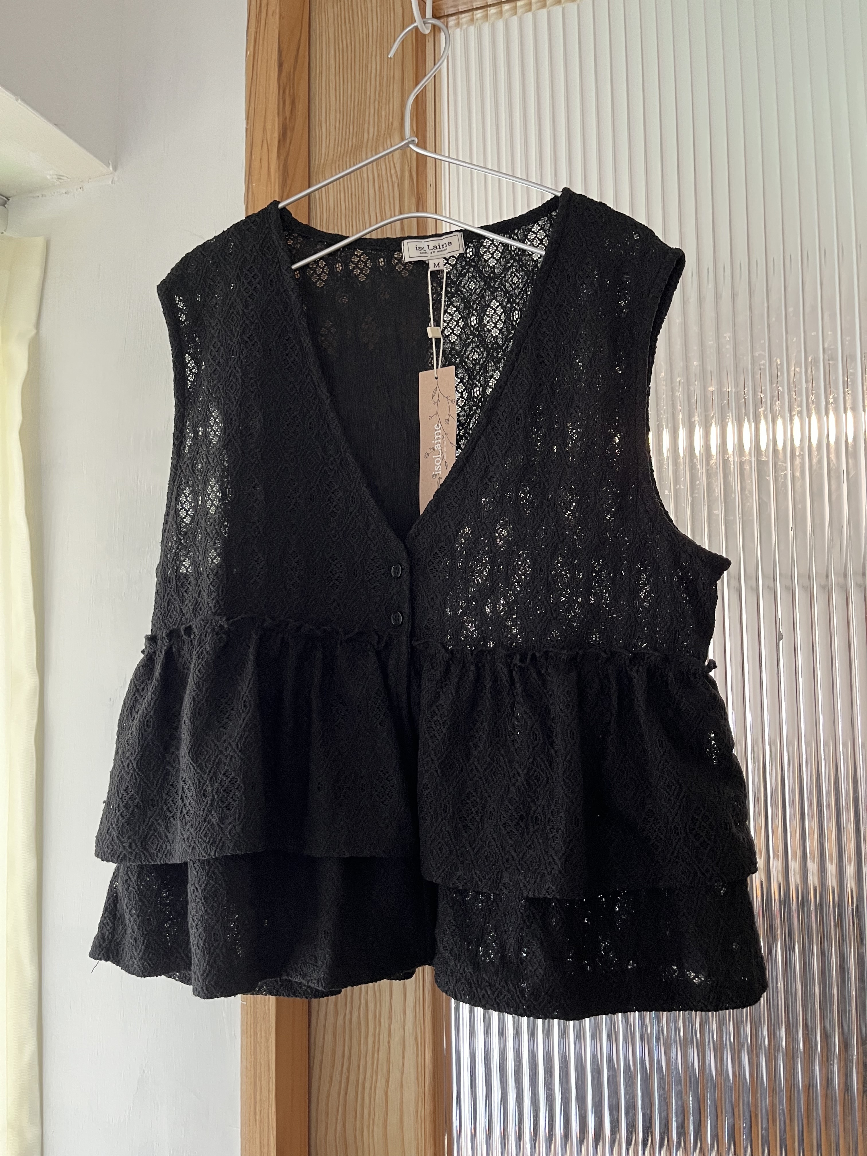 isoLaine黑色通花背心外套