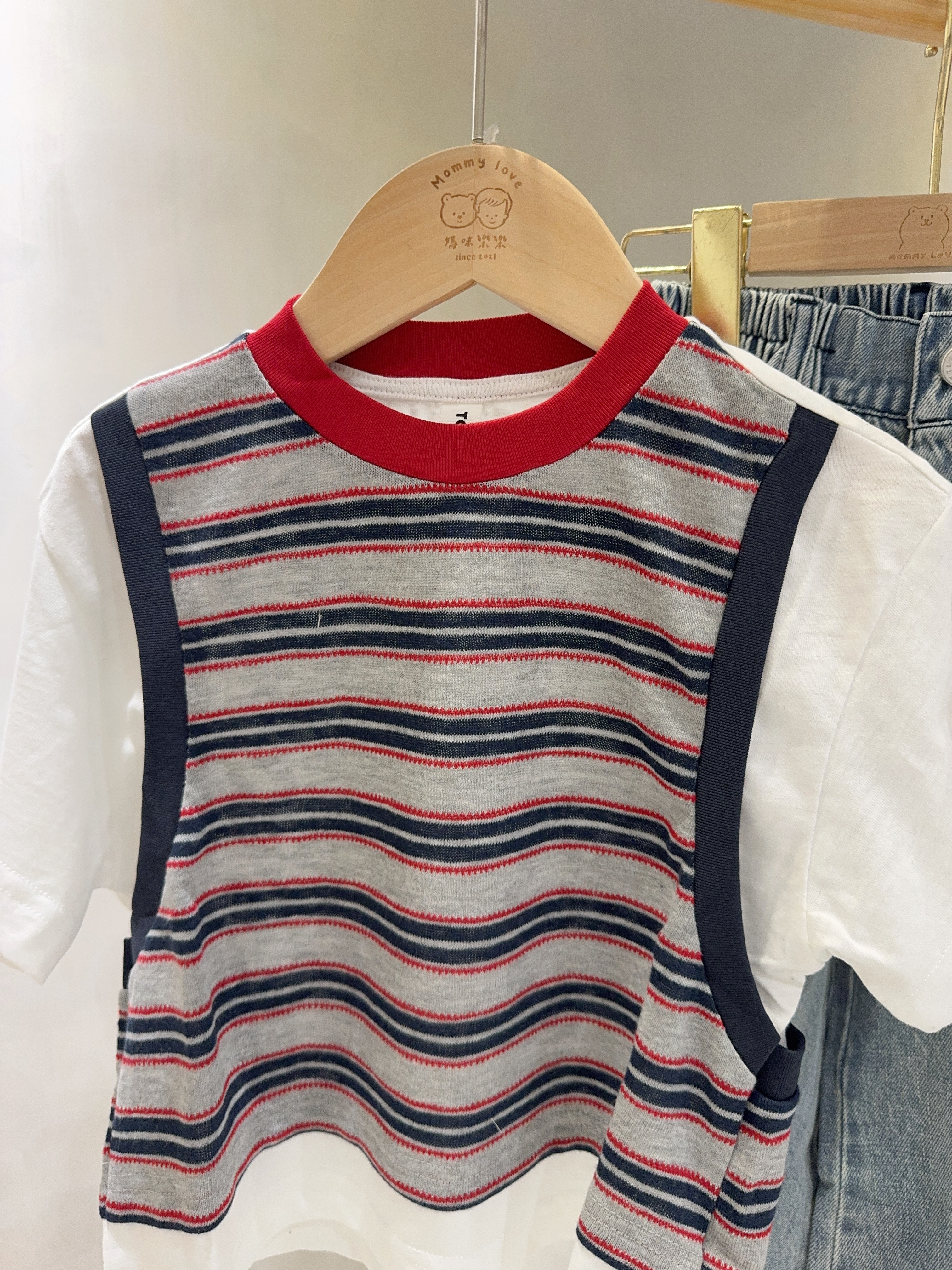 69022條紋假兩件上衣C211