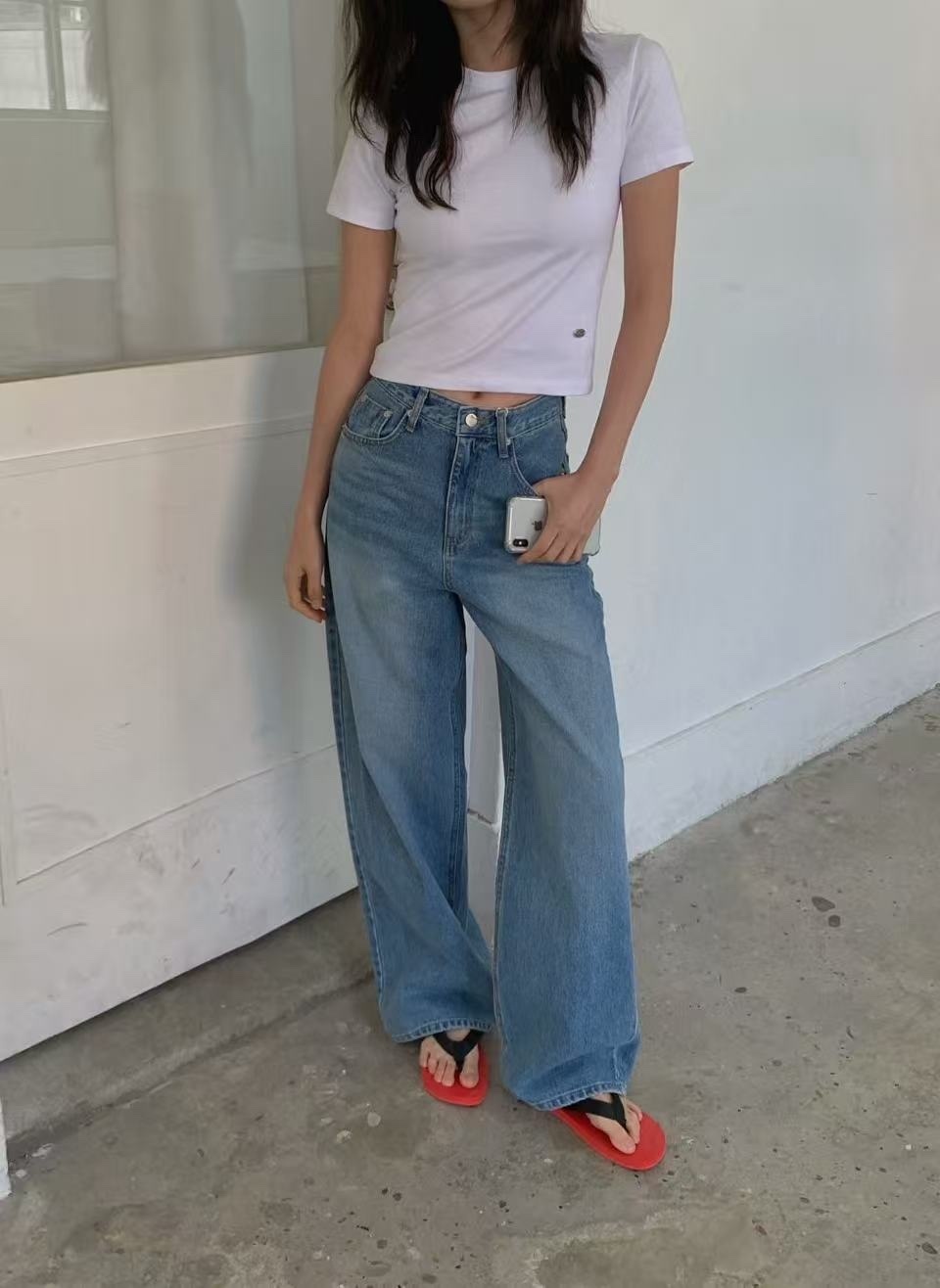 033 正韓後腰繫釦直筒牛仔褲
