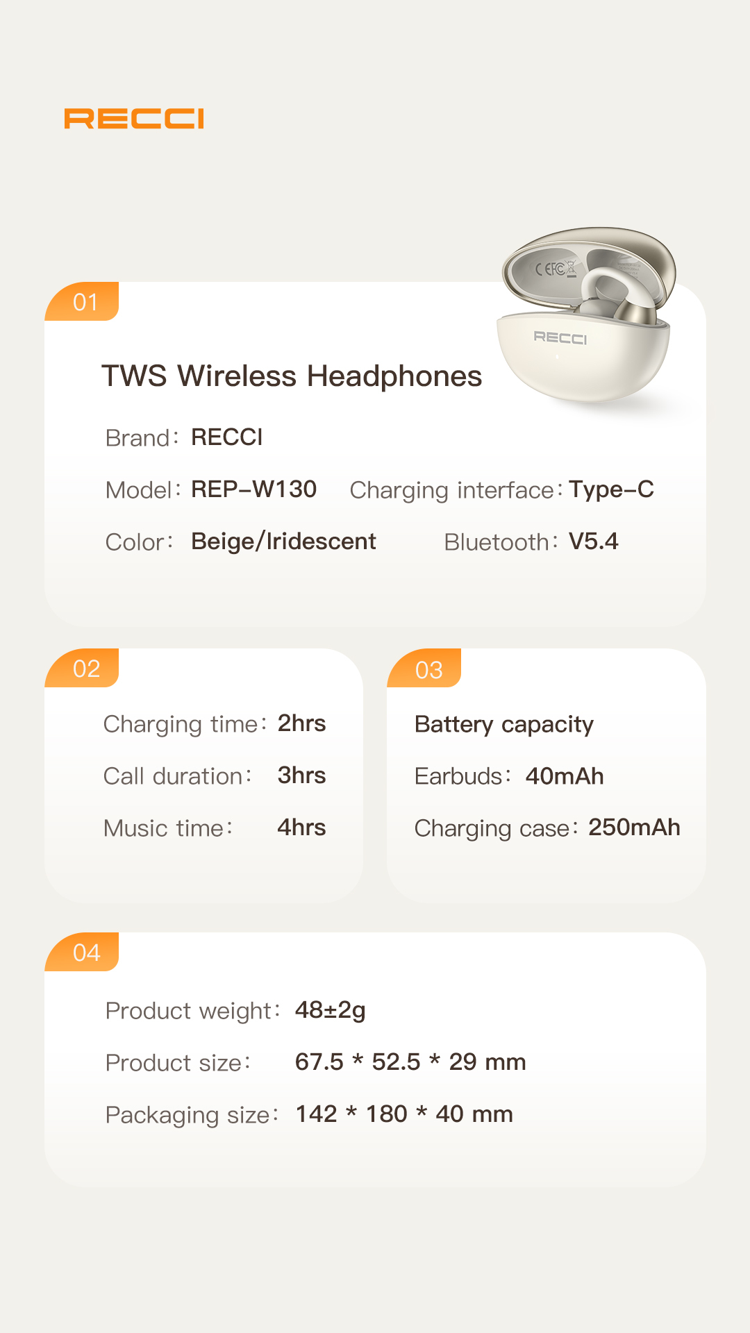 Recci TWS Wireless Headphones REP-W130