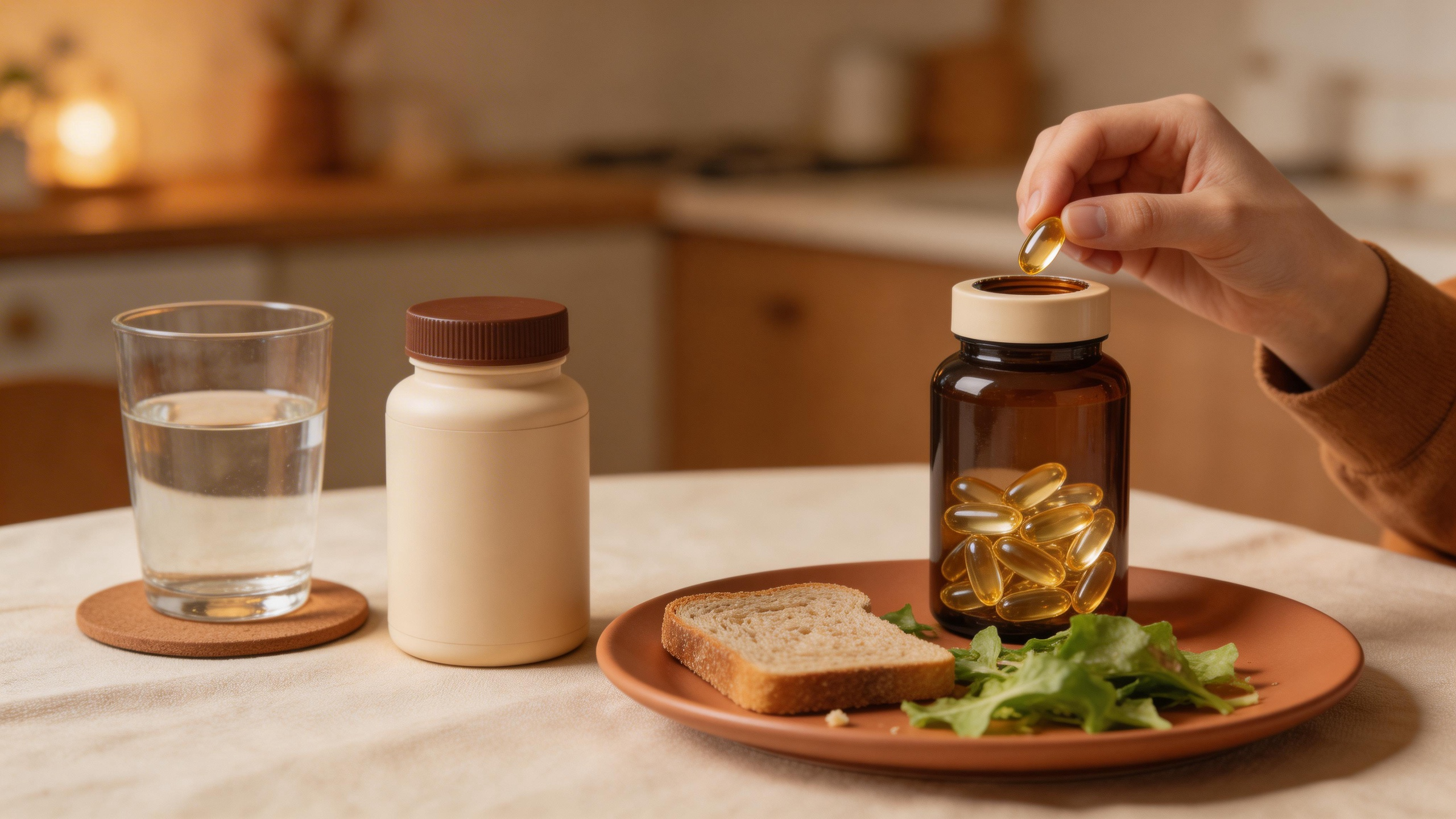 飯後服用維他命與魚油等脂溶性保健食品情境