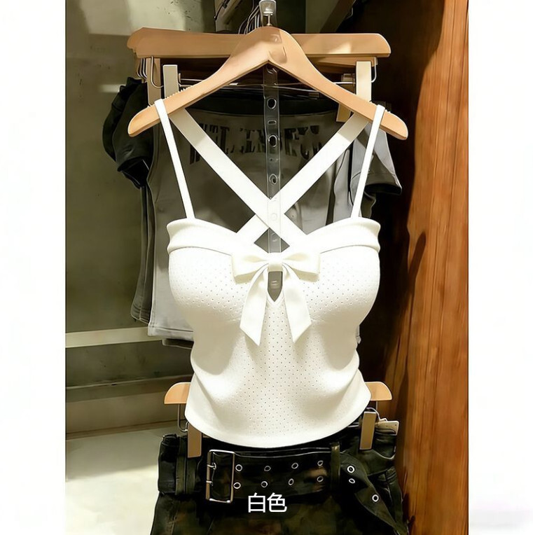法式復古蝴蝶結交叉吊帶短款無袖上衣鏤空純欲打底衫