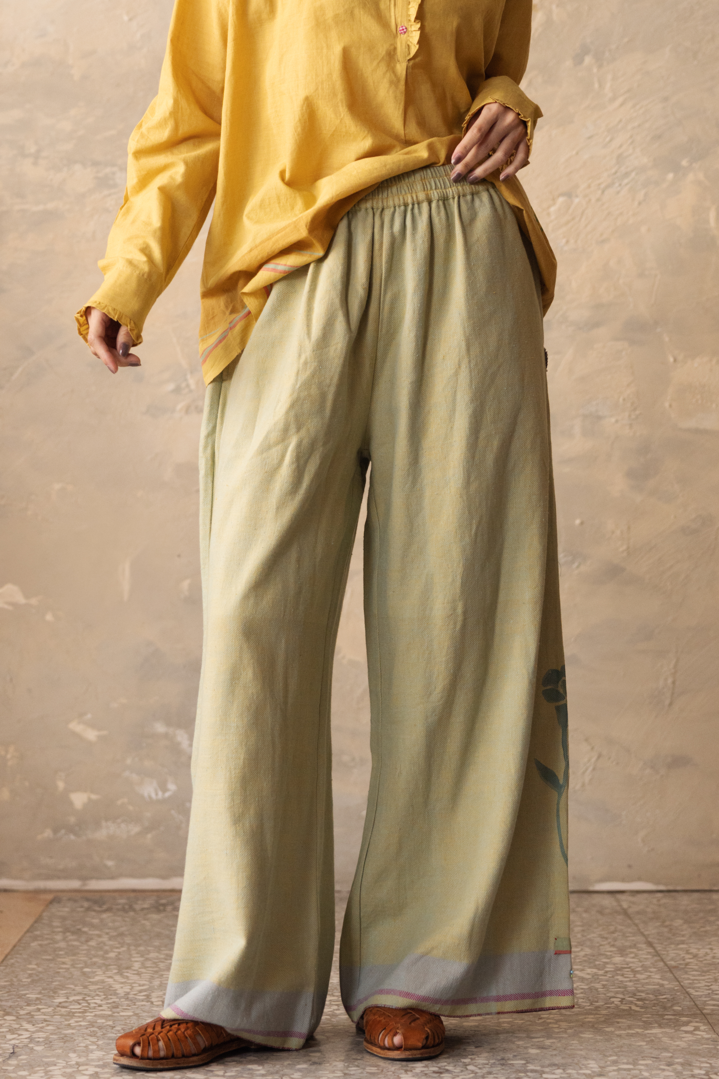 【Lotus veda】手染藍綠色手織布寬褲