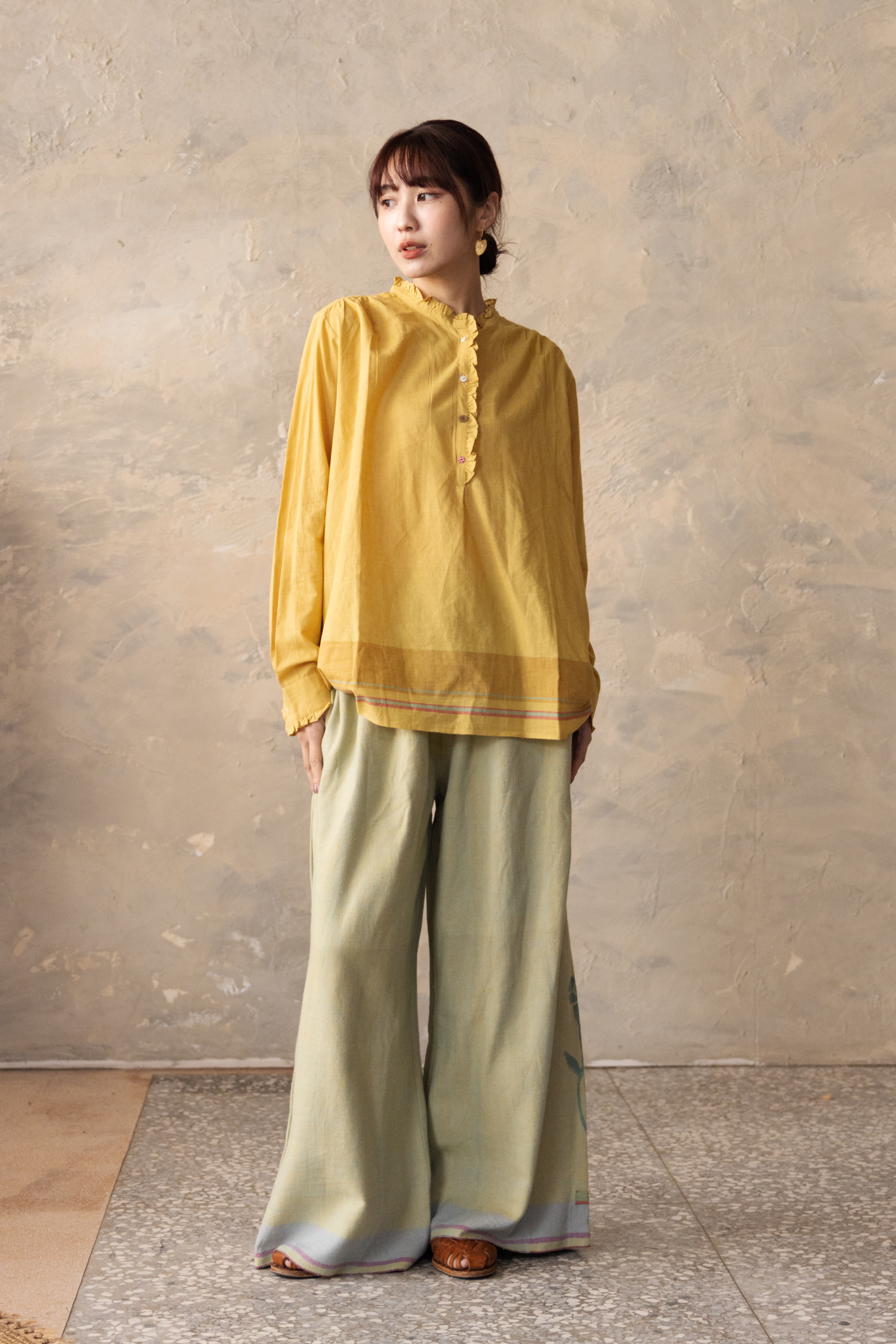 【Lotus veda】手染藍綠色手織布寬褲