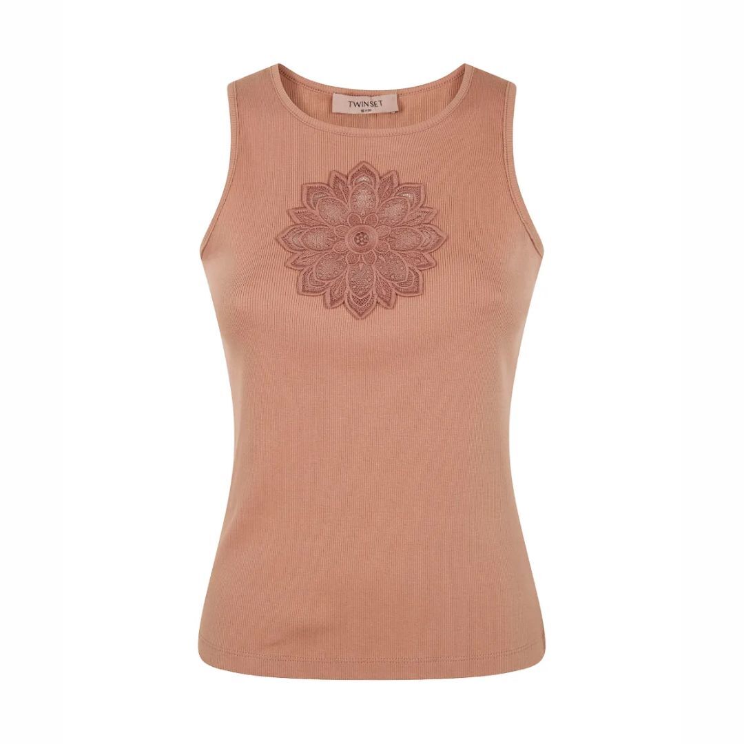 1TS0319-079 [TWINSET] Tank Top with Floral Embroidery Mocha Mousse #261TP2090 (C-EU-E)
