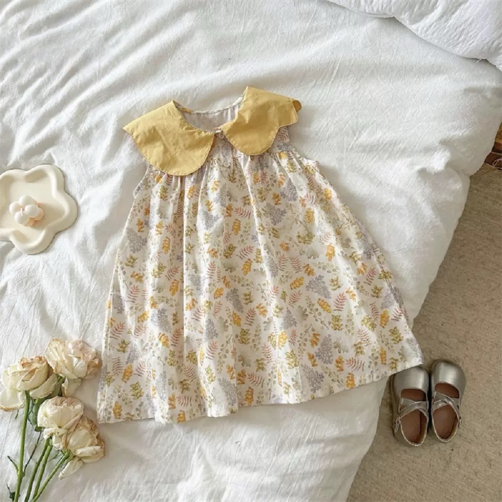 翻領小碎花無袖洋裝