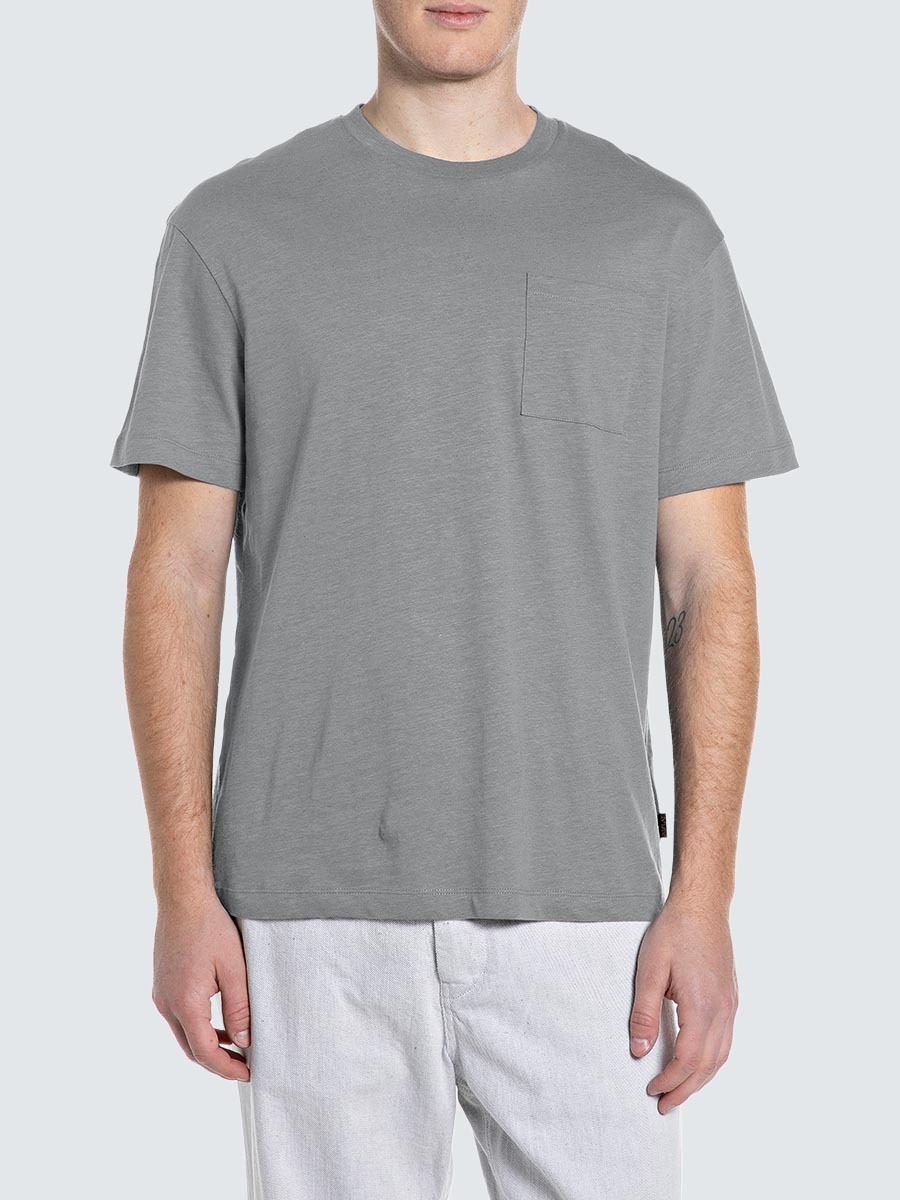 灰色亞麻棉混紡前口袋T-Shirt