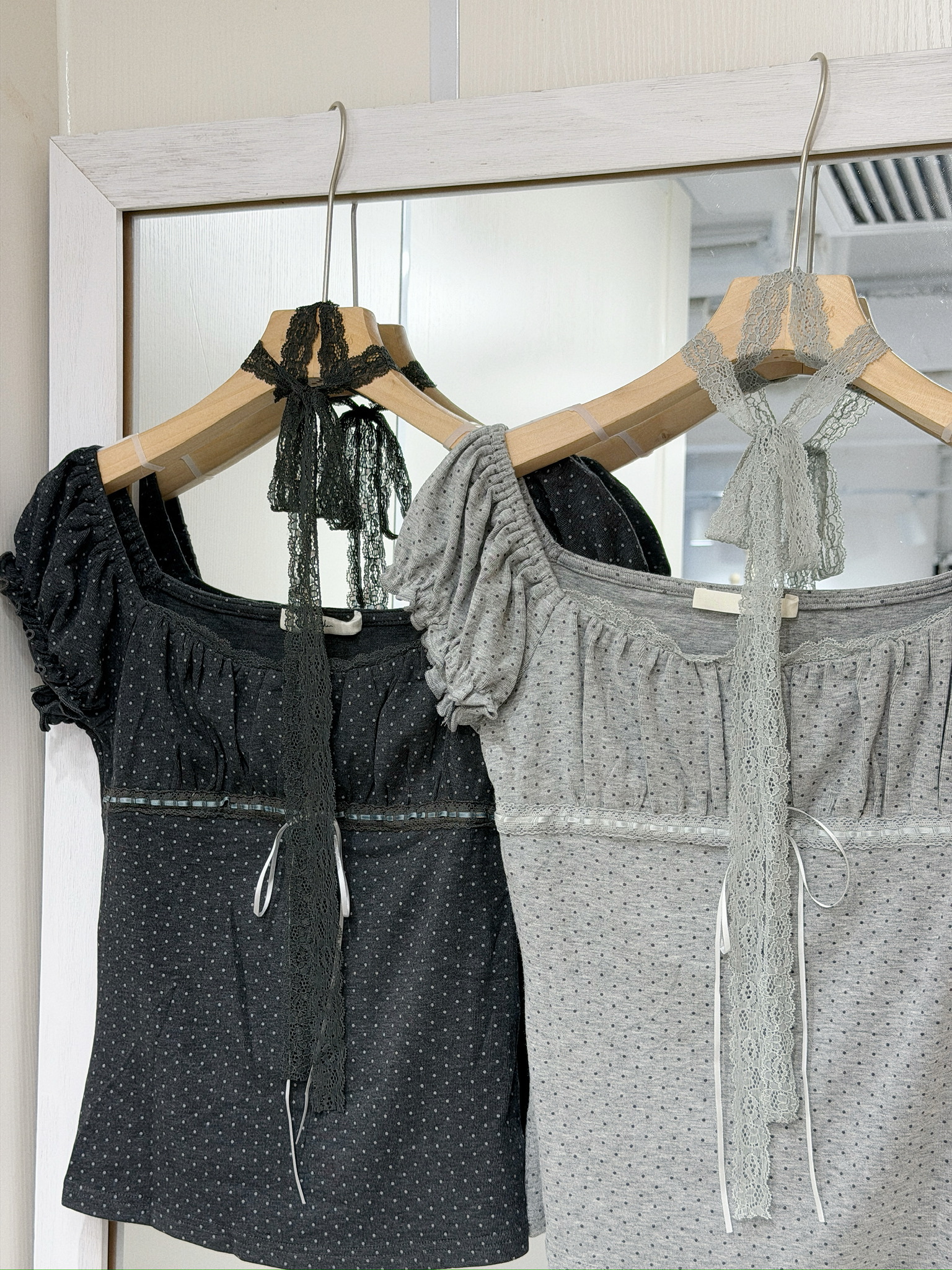 T1340｜小性感波點直絲帶連蕾絲頸帶背心上衣