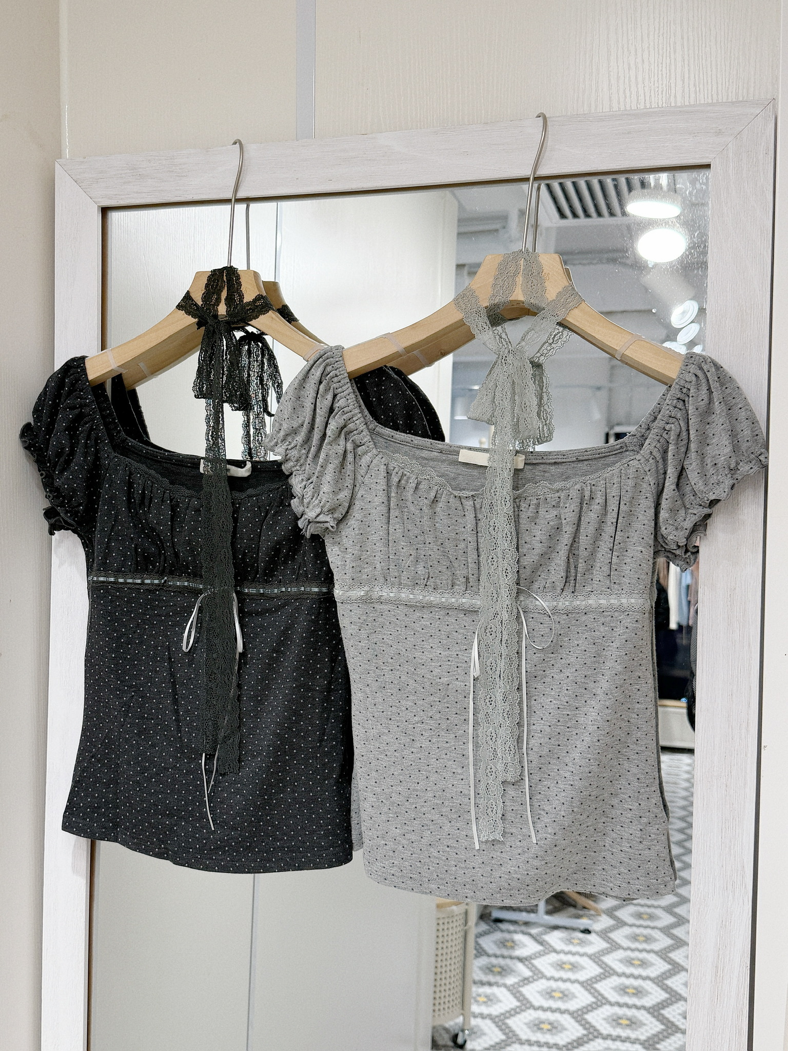 T1340｜小性感波點直絲帶連蕾絲頸帶背心上衣