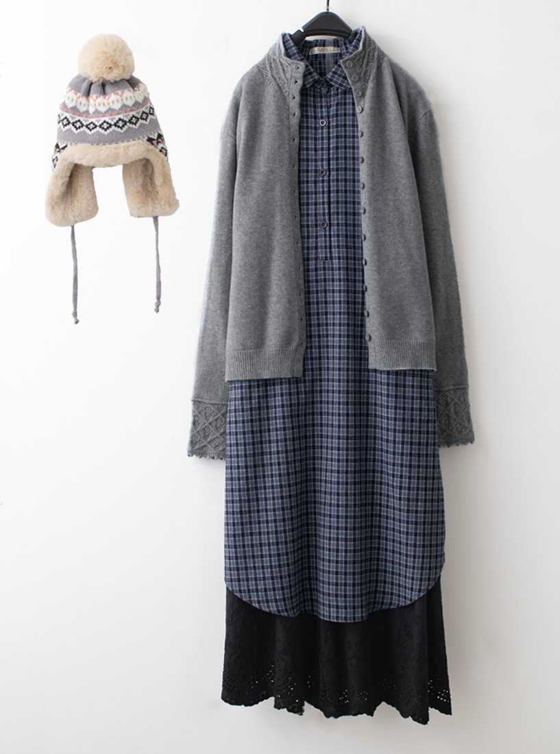 鏤空蕾絲針織外套輕磨毛格紋洋裝繡花寬褲組合