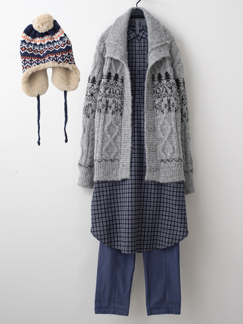 翻領針織外套輕磨毛洋裝竹節棉牛仔九分褲組合